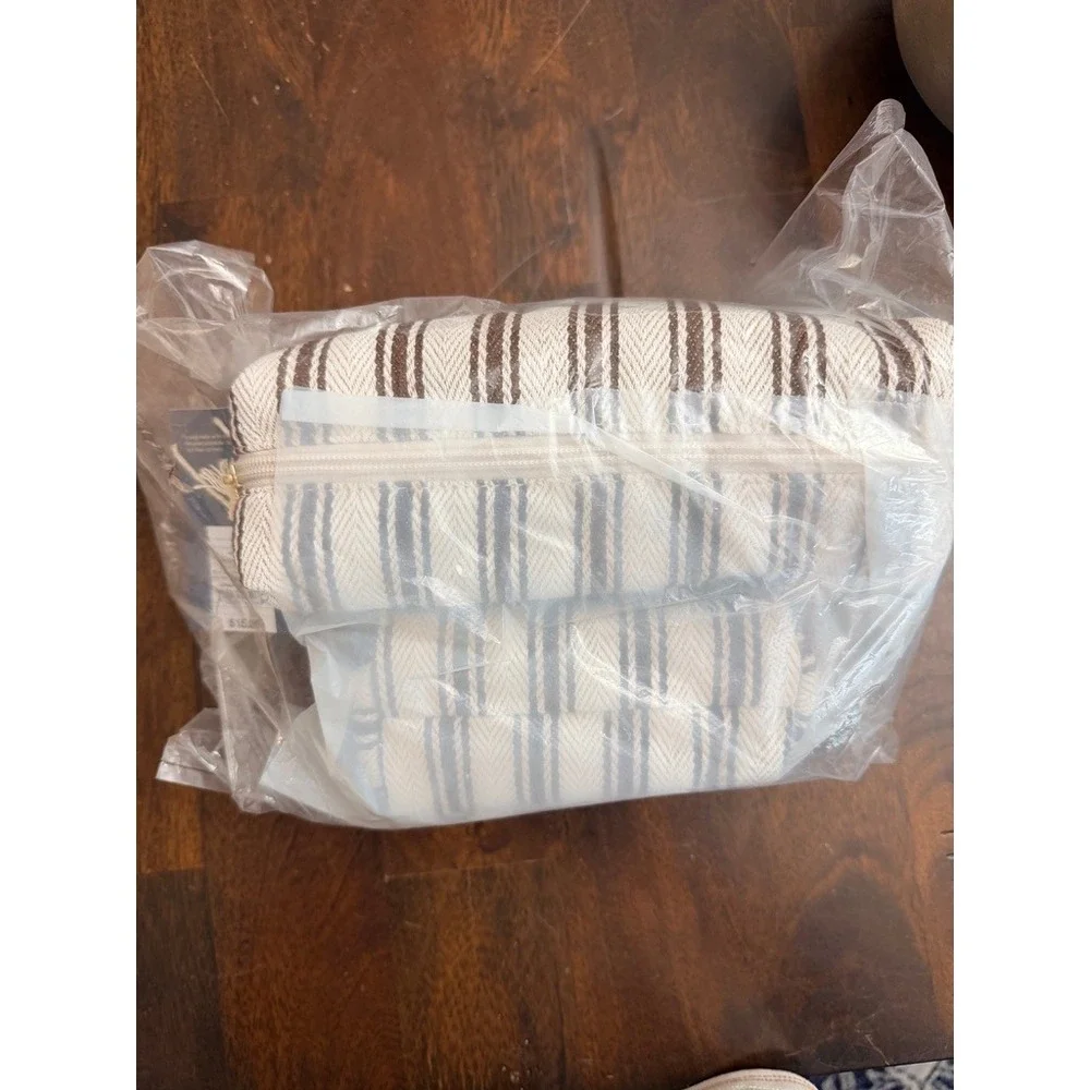 Universal Thread Cosmetic Pouch Set Women OS Brown Striped Linen 2pc NWT